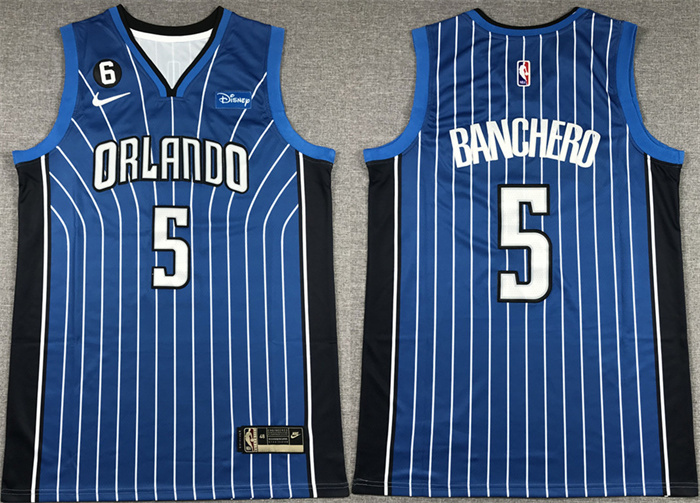 Men's Orlando Magic #5 Paolo Banchero Blue With No.6 Patch Icon Edition Stitched Swingman Jersey